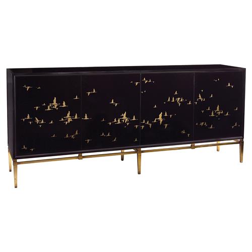 John-Richard Geraldine Regency Black Glass Gold Bird Credenza Sideboard