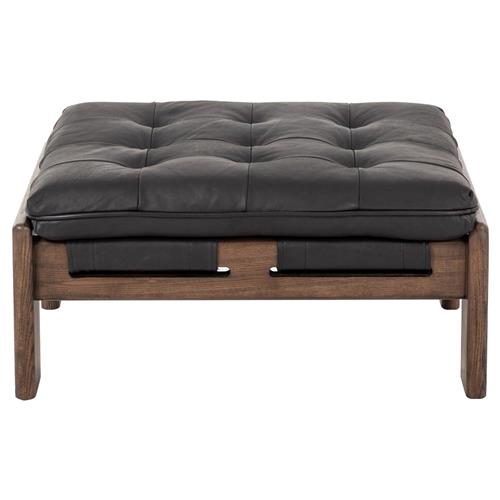 Hadley Rustic Lodge Black Leather Brown Wood Tufted Ottoman