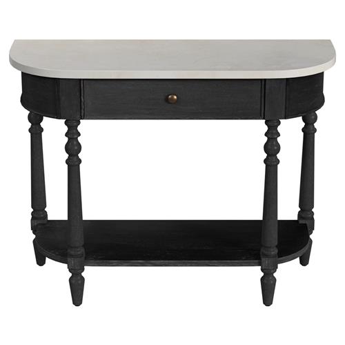 Florentine French Country White Marble Black Wood Demilune Console Table