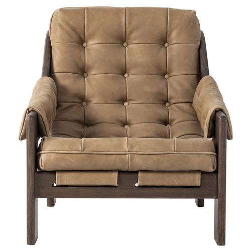 Hadley Rustic Lodge Light Brown Leather Wood Tufted Occasional Arm Chair