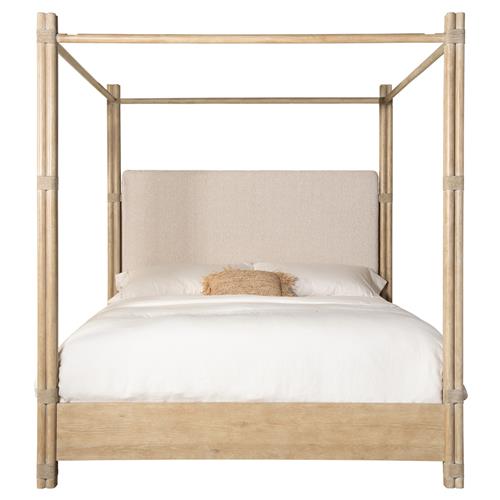Nigel Coastal Beach Cream Upholstered Light Brown Oak Canopy Bed - King