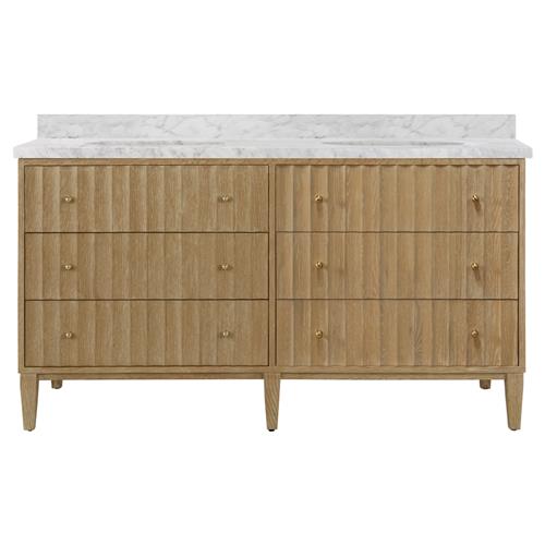 Worlds Away Odin Mid Century Modern White Marble Brown Oak Double Vanity Sink - 60&quot;