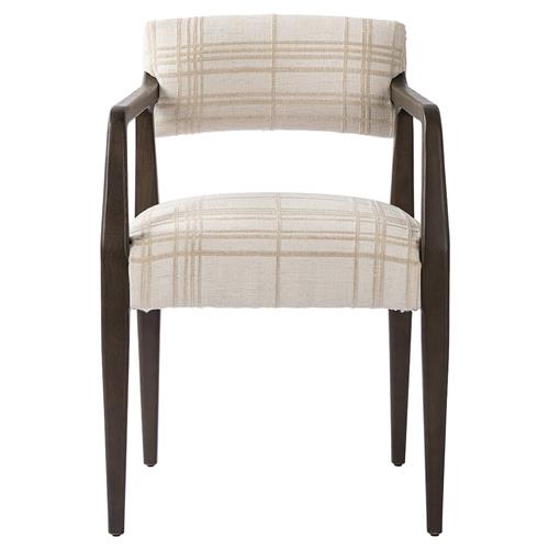 Pia Rustic Lodge Beige Plaid Brown Wood Dining Arm Chair