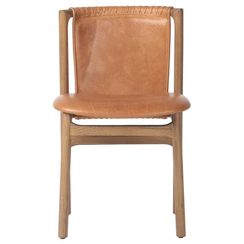 Blaise Rustic Lodge Brown Leather Natural Wood Dining Side Chair