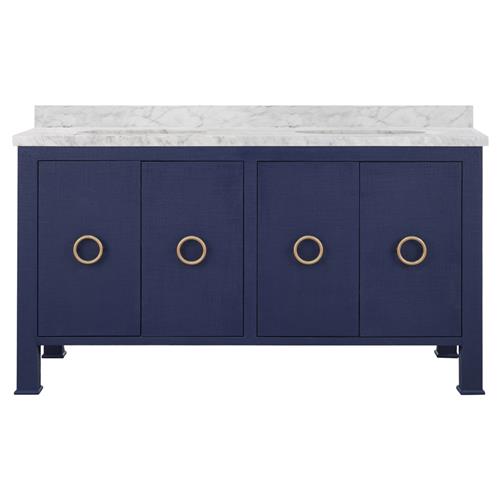 Worlds Away Blanche Regency White Marble Navy Linen Double Vanity Sink - 60&quot;