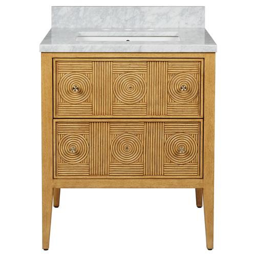 Bella Coastal Beach White Carrara Marble Natural Rattan Vanity Sink - 28&quot;