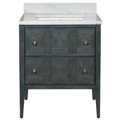 Bella Coastal Beach White Carrara Marble Navy Rattan Vanity Sink - 28&quot;