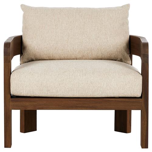 Aviel Rustic Lodge Beige Upholstered Teak Outdoor Barrel Arm Chair