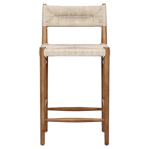 Mable Coastal Beach Off White Wicker Teak Outdoor Counter Stool