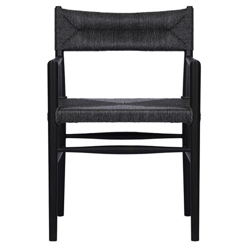 Mable Coastal Beach Black Wicker Teak Outdoor Dining Arm Chair