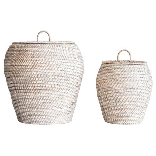 Hilda Coastal Beach Whitewash Rattan Hamper - Set of 2