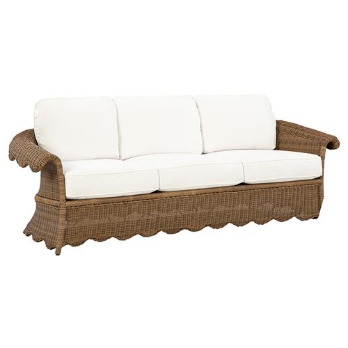 Cielo Coastal White Sunbrella Brown Woven Wicker Scalloped Outdoor Sofa - 88&quot;