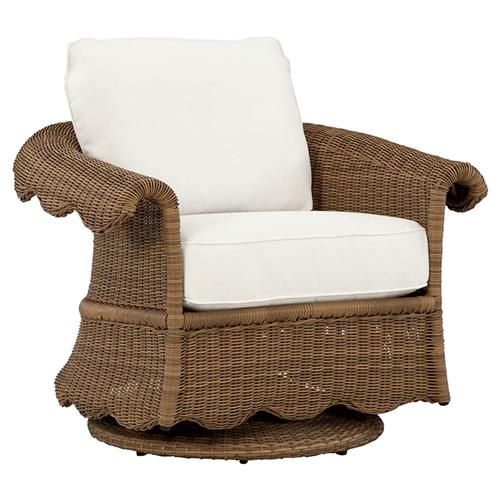 Cielo Coastal White Sunbrella Brown Wicker Scalloped Outdoor Swivel Glider Chair