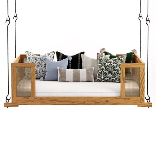 Charlotte Rustic White Performance Metal Cane Brown Wood Daybed Porch Swing