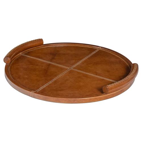 Forte Rustic Lodge Tan Leather Round Decorative Tray - Small