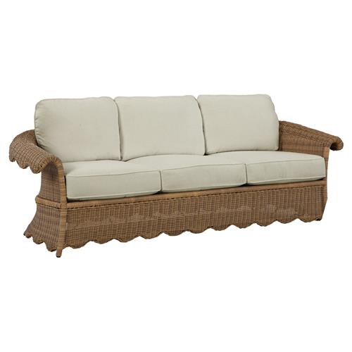 Cielo Coastal Beige Sunbrella Brown Woven Wicker Scalloped Outdoor Sofa - 88&quot;