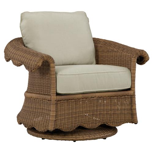 Cielo Coastal Beige Sunbrella Brown Wicker Scalloped Outdoor Swivel Glider Chair