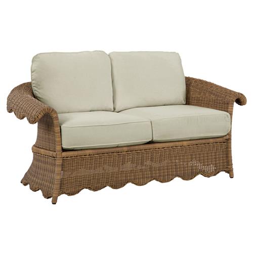 Cielo Coastal Beige Sunbrella Brown Wicker Scalloped Outdoor Loveseat - 63&quot;