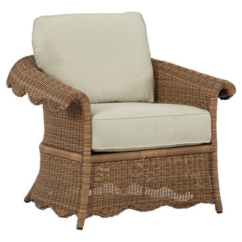Cielo Coastal Beige Sunbrella Brown Woven Wicker Scalloped Outdoor Lounge Chair