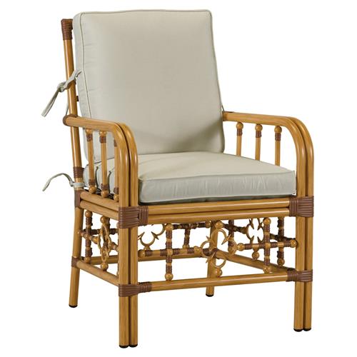 Myrah Coastal Beach Beige Sunbrella Brown Aluminum Outdoor Dining Arm Chair