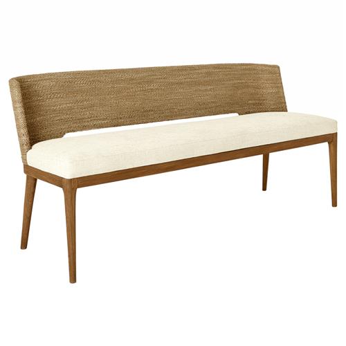 Adelyn Coastal Beach Heathered Ivory Crypton Brown Teak Woven Seagrass Bench