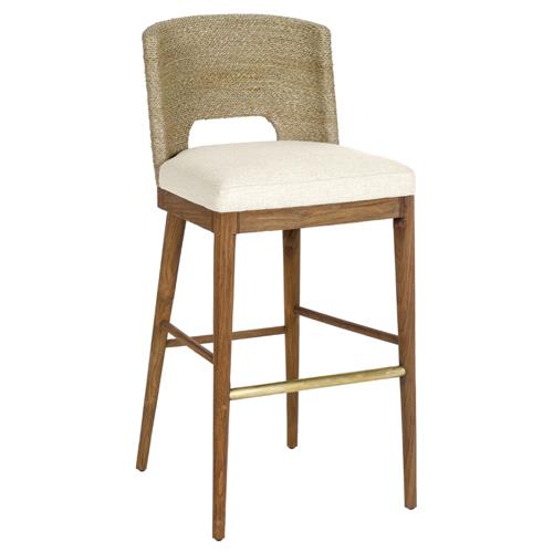 Adelyn Coastal Heathered Ivory Crypton Brown Teak Woven Seagrass Counter Stool