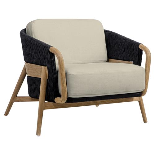 Palecek Casey Mid Century Beige Upholstered Black Rope Natural Teak Outdoor Lounge Chair