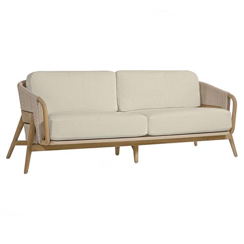 Palecek Casey Mid Century Beige Upholstered Taupe Rope Natural Teak Outdoor Sofa - 83"