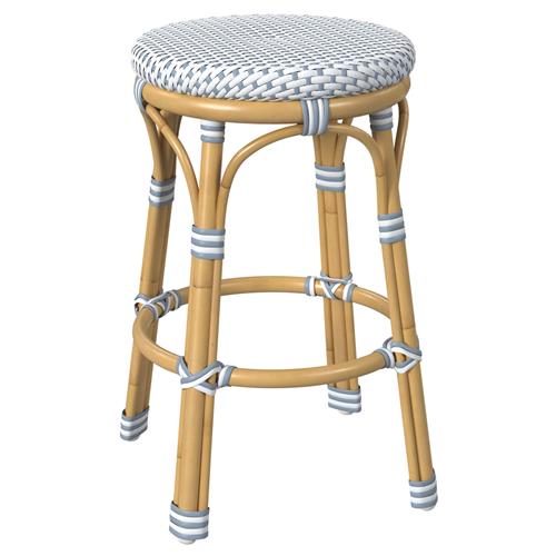 Lily French Country Blue White Woven Rattan Outdoor Backless Counter Stool