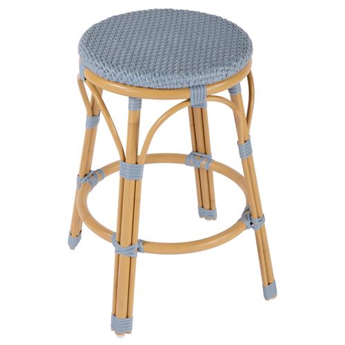 Lily French Country Blue Woven Rattan Outdoor Backless Counter Stool