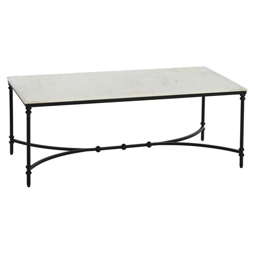 Rhea French Country White Marble Black Metal Rectangular Coffee Table