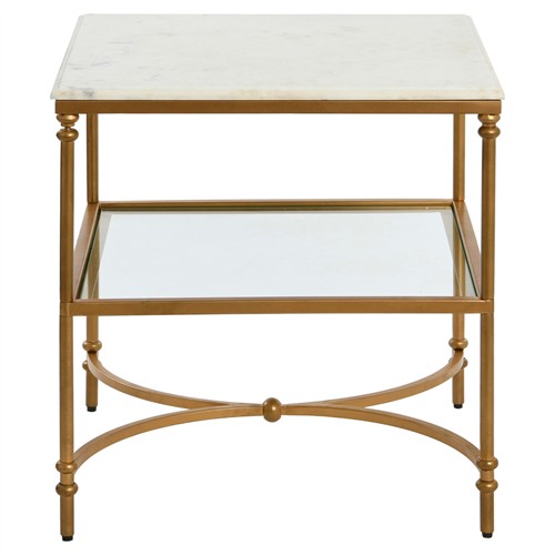 Rhea French Country White Marble Gold Metal Square End Table