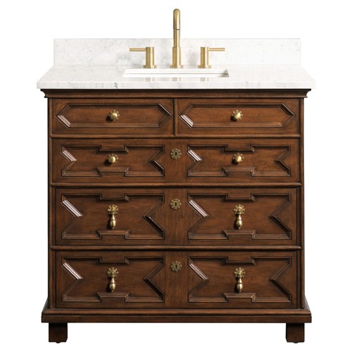 17th Century Updated Traditional White Marble Brown Wood Vanity Sink - 36&quot;