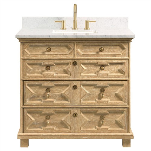 17th Century Updated Traditional White Marble Limewash Oak Wood Vanity Sink - 36&quot;