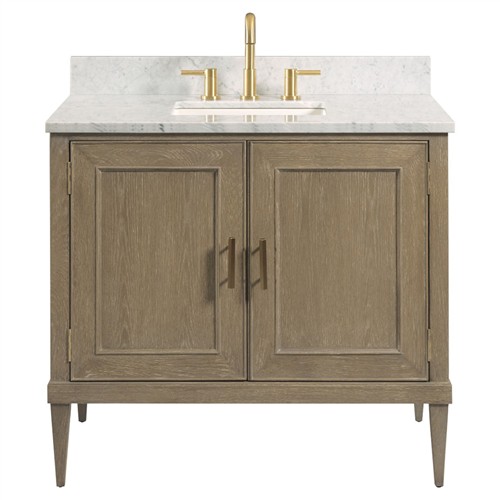 Cerise Updated Traditional White Marble Brown Wood Oak Vanity Sink - 37&quot;
