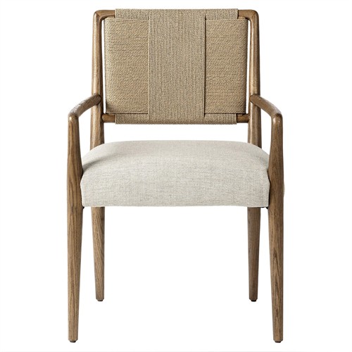 Ronan Coastal Beige Performance Woven Rush Brown Oak Wood Dining Arm Chair