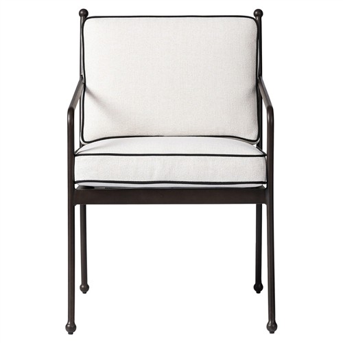 Gretchen French Country White Upholstered Black Welt Aluminum Outdoor Dining Side Chair
