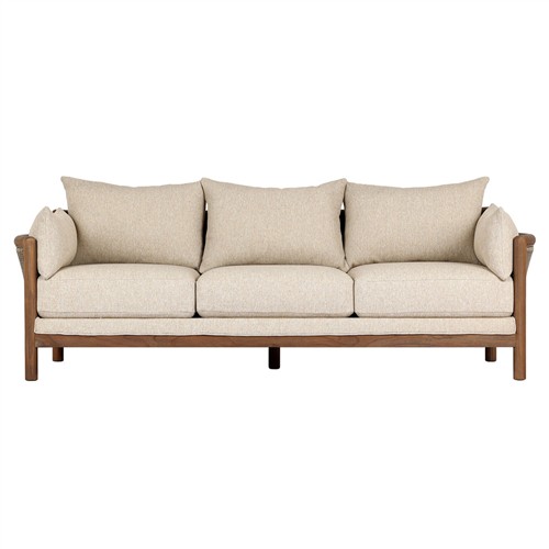 Louis Coastal Beach Beige Upholstered Brown Teak Cane Outdoor Sofa - 86&quot;