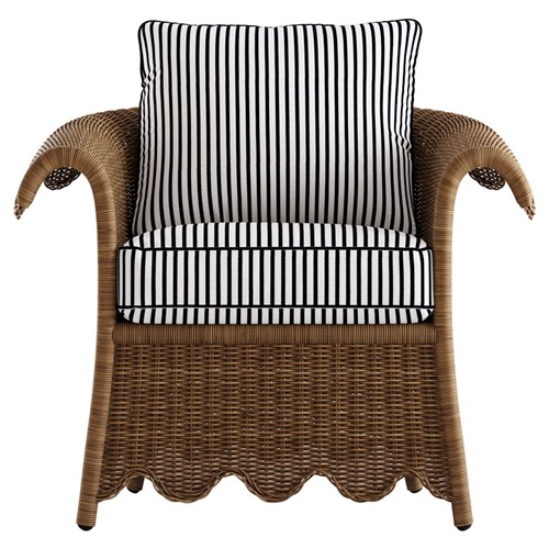 Cielo Coastal Navy Stripe Sunbrella Brown Woven Wicker Scalloped Outdoor Lounge Chair