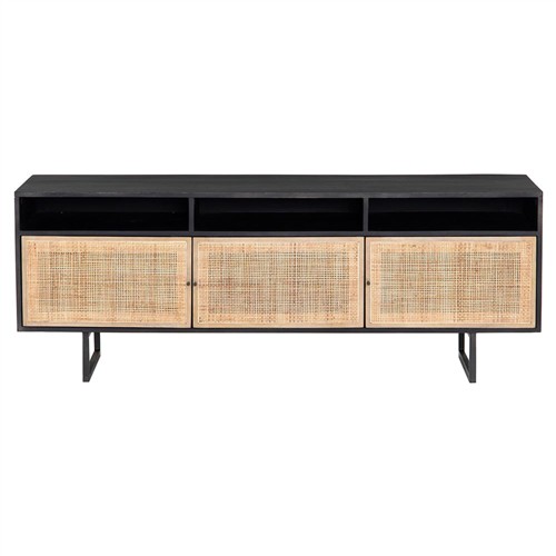 Emilie Mid Century Black Mango Wood Woven Cane Iron Base Media Console - 65&quot;W Overstock