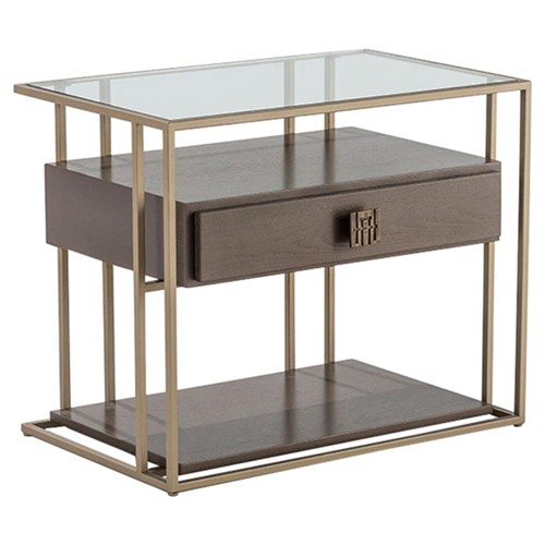 Adriana Hoyos Bolero Industrial Loft Glass Top Dark Brown Wood Bronze Nightstand Overstock