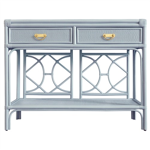 Worlds Away Gideon Coastal Beach Light Blue Rattan Console Table