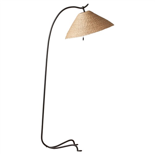Camilla Coastal Seagrass Shade Black Iron Arched Floor Lamp