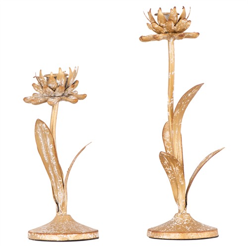 Malone French Country Distressed Gold Iron Floral Candleholder - Set of 2