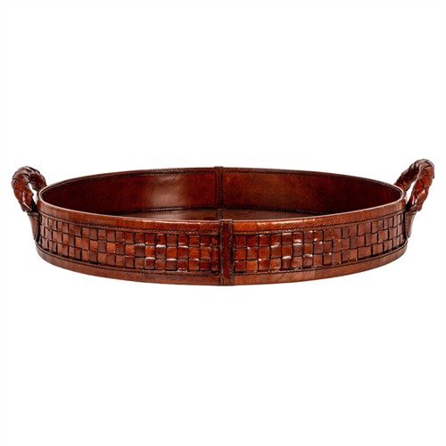 Jordyn Traditional Brown Woven Leather Round Decorative Tray