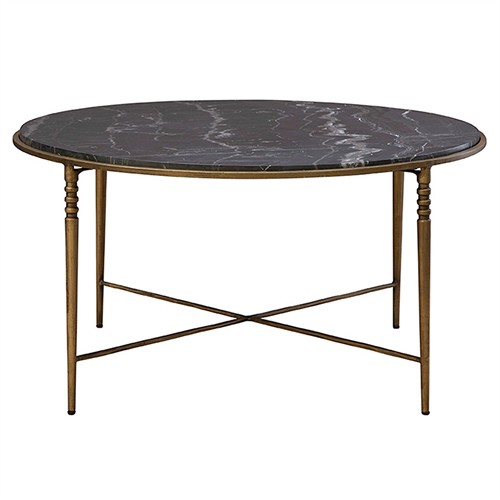 Emari French Country Black Marble Antique Brass Round Coffee Table