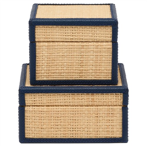 Pigeon and Poodle Hanford Coastal Natural Raffia Navy Blue Leather Trim Decorative Box - Set of 2