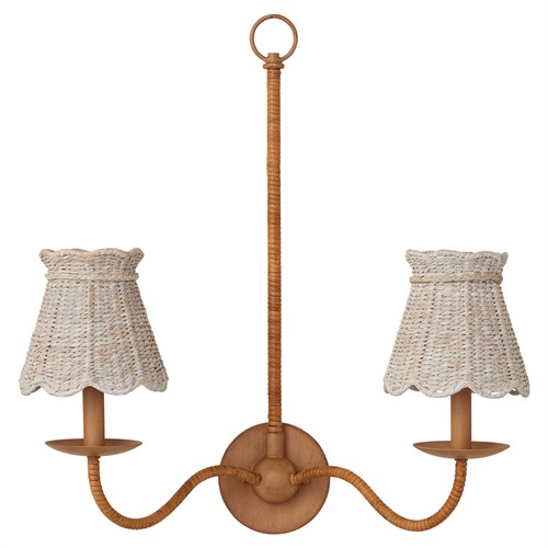 Aelle Coastal Whitewash Seagrass Scalloped Shade Double Armed Sconce
