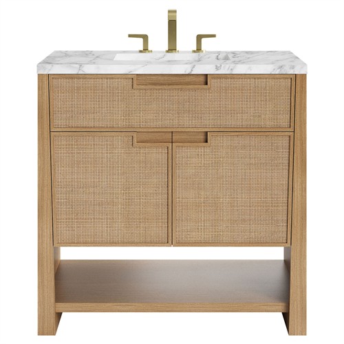 Corine Coastal Beach White Carrara Marble Oak Woven Cane Vanity Sink - 36&quot;