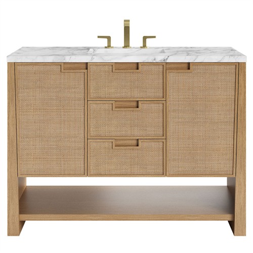 Corine Coastal Beach White Carrara Marble Oak Woven Cane Vanity Sink - 48&quot;